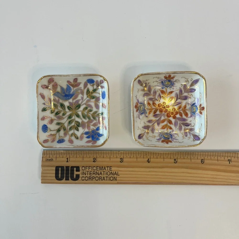 Vintage Porcelain Trinket Dish Set Bird Floral Gold Gilt Square Ring Trays 2pc